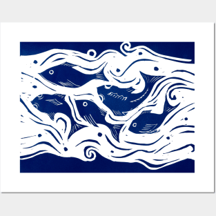 Fish Linocut in Blue and White Posters and Art